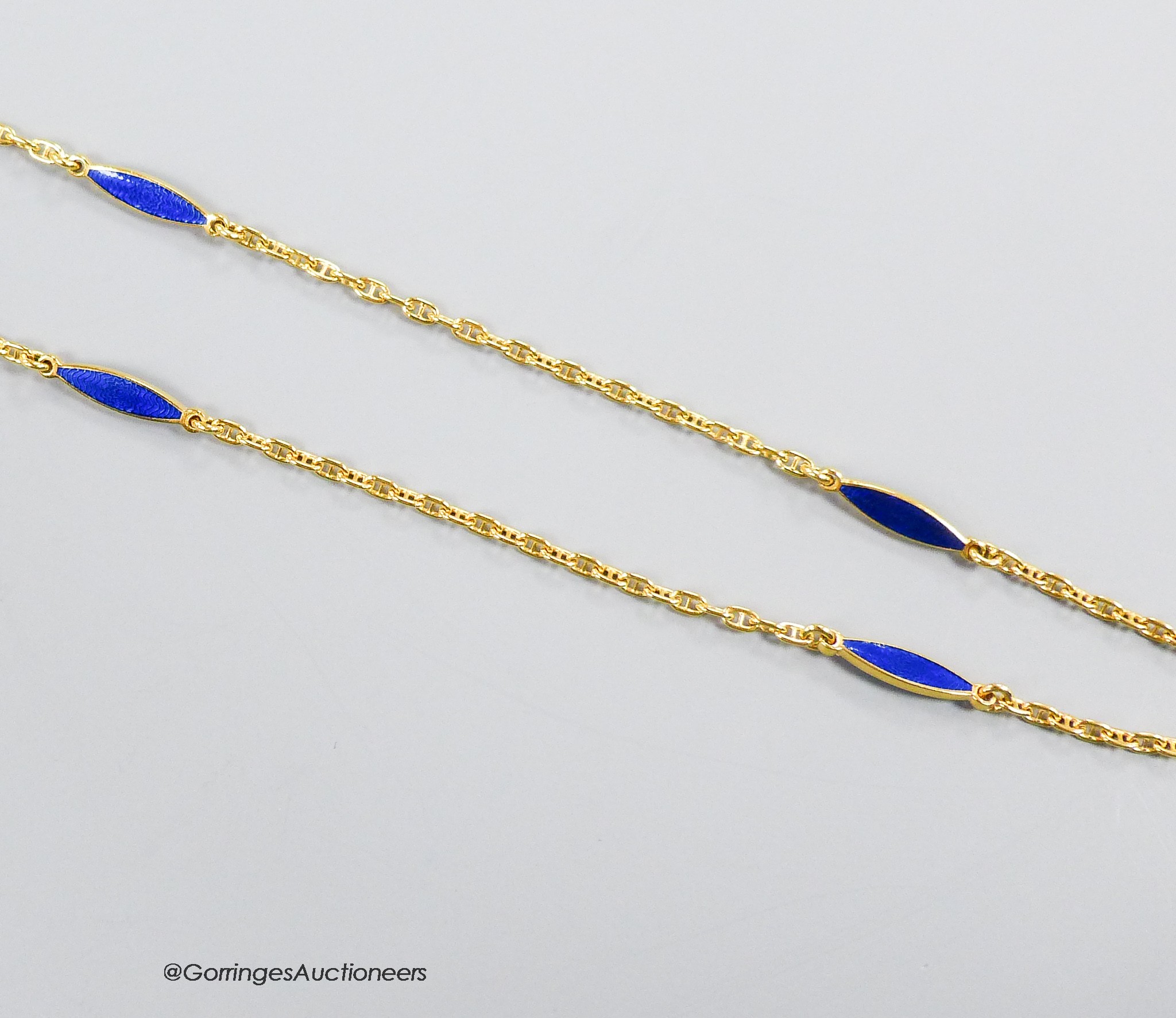 An early 21st century Victor Mayer for Faberge limited edition (208/500) 750 yellow metal and blue enamel choker necklace, 45cm, gross weight 8 grams, with original box and certificate.